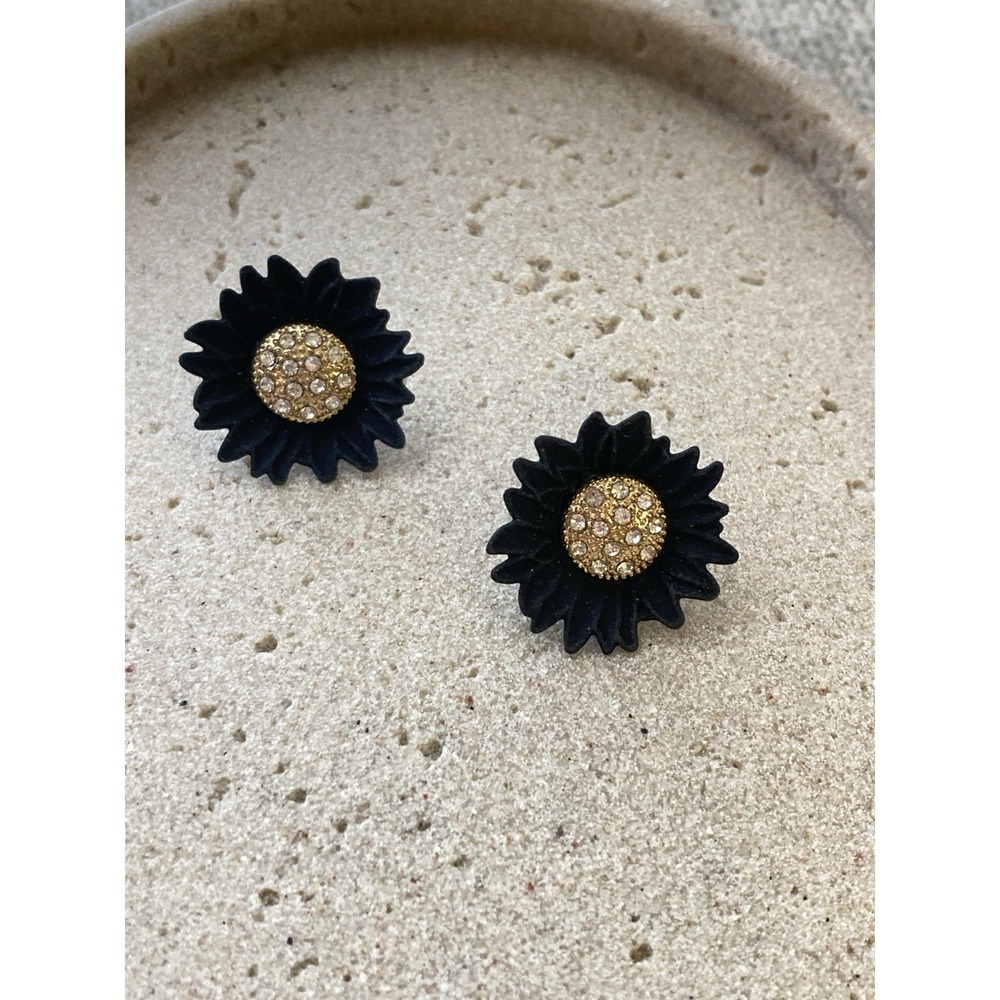 Black Flower Earrings Rhinestone Center Gold‎ Tone Daisy Sunflower Stud Summer